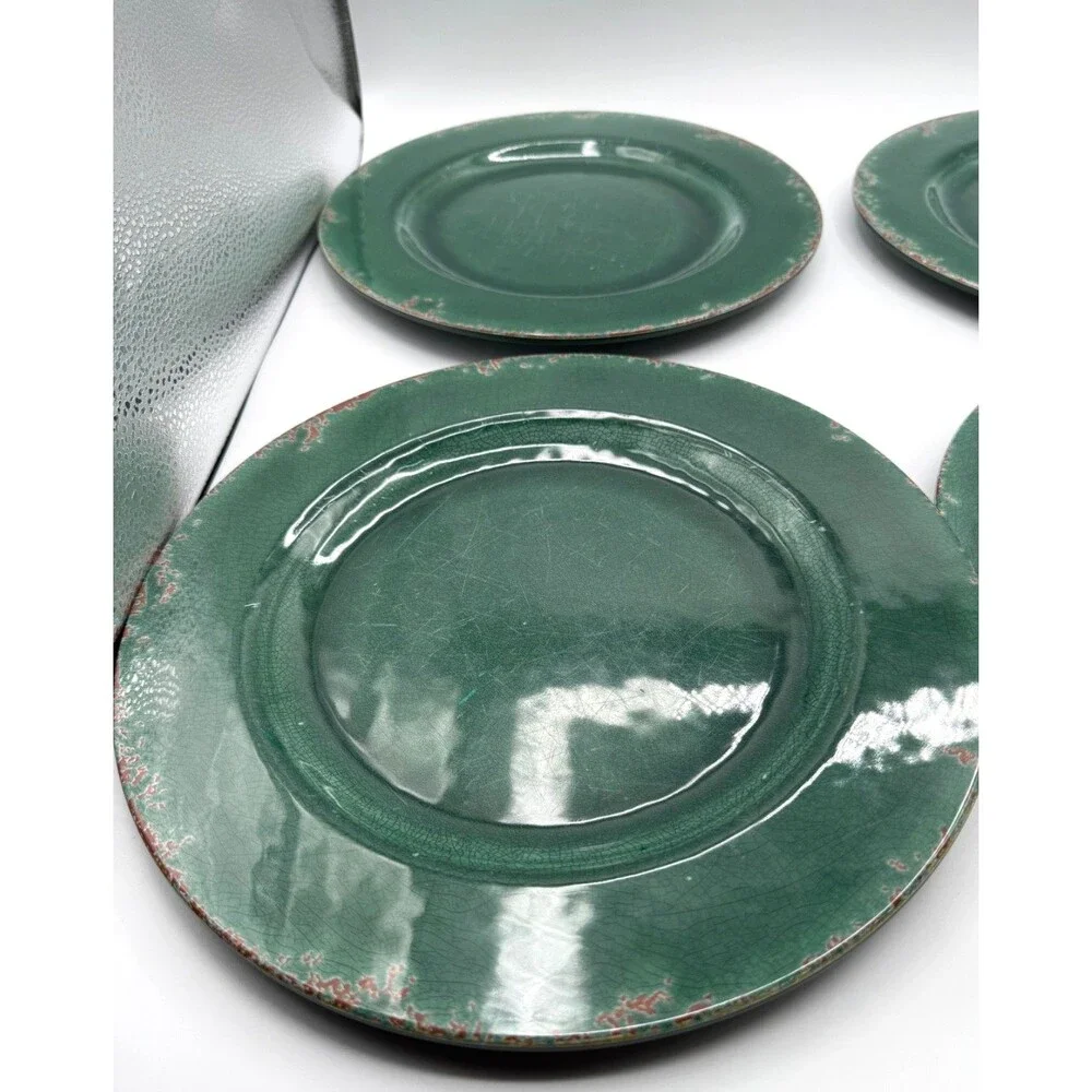 Williams-Sonoma Rustic Green Crackle Melamine Dinner Plates Set of 3 HTF Color